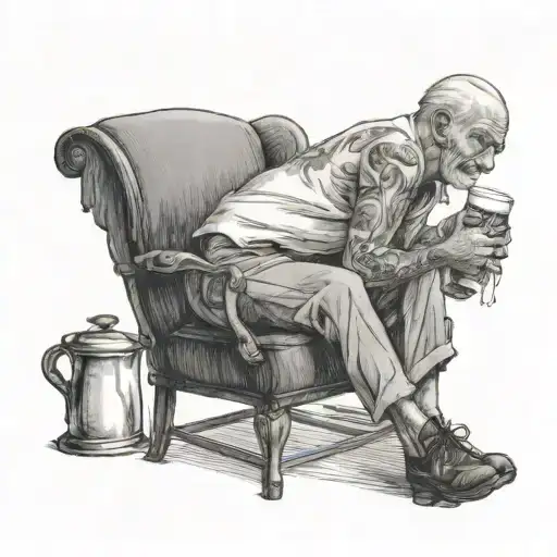 old man sitting on a chair spitting out a cup of coffee with his legs stretched  tattoo design idea