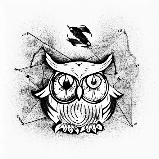 owl with a compass surrounded by trees tattoo design idea