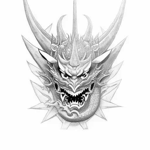 Hannya mask with a dragon in Black and gray tattoo design idea