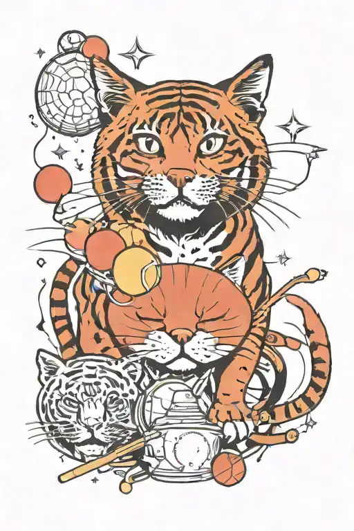 Red tennis ball, sputnik satelite, hubble telescope, tiger lily, & stick figure cat with a blind person stick  tattoo design idea