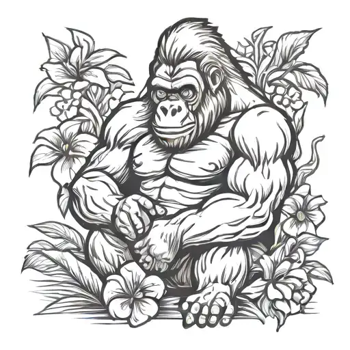 Gorilla protecting cuban flower tattoo design idea