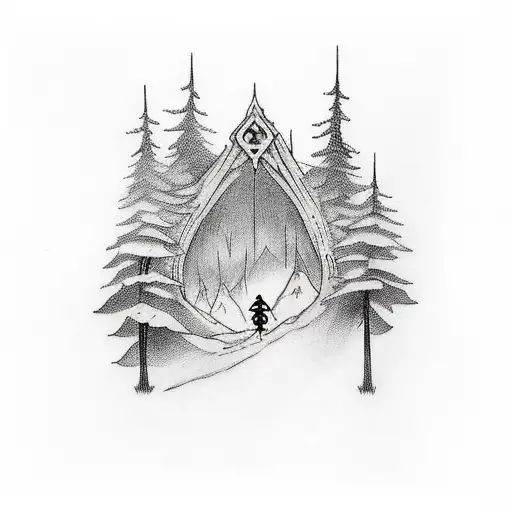A Dungeons and Daddies themed tattoo featuring a group of adventurers hiking through a misty forest tattoo design idea