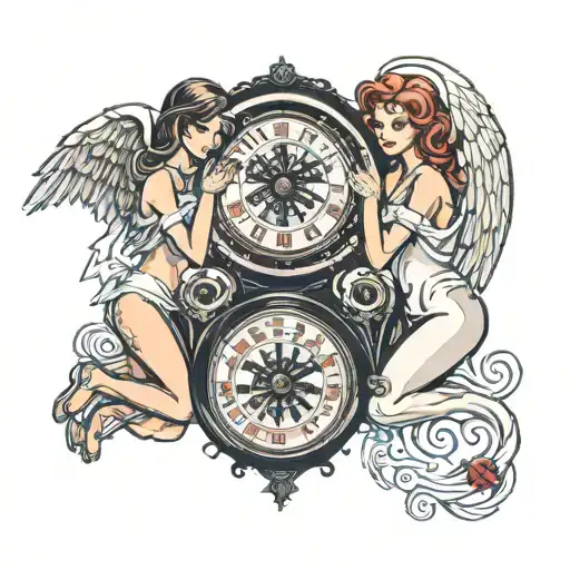 two girl angels looking back over a roulette wheel inside a clock  tattoo design idea