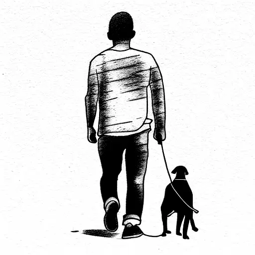 young man walking with dog tattoo design idea