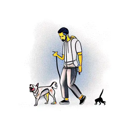 young man walking with dog tattoo design idea