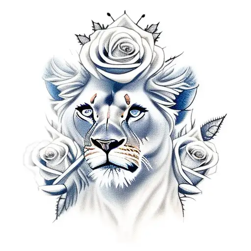 lioness queen with blue eyes and roses tattoo design idea