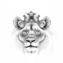 lioness queen with a crown and with blue eyes and roses around tattoo design idea