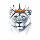 lioness queen with a crown and with blue eyes and roses around tattoo design idea