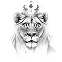 lioness queen with a crown and with blue eyes and roses around tattoo design idea