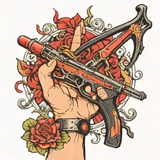 a crossbow held by a woman's hand with red fingernails tattoo design idea