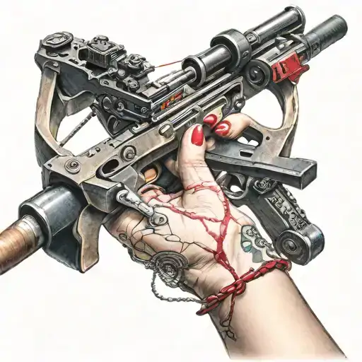 a crossbow held by a woman's hand with red fingernails tattoo design idea