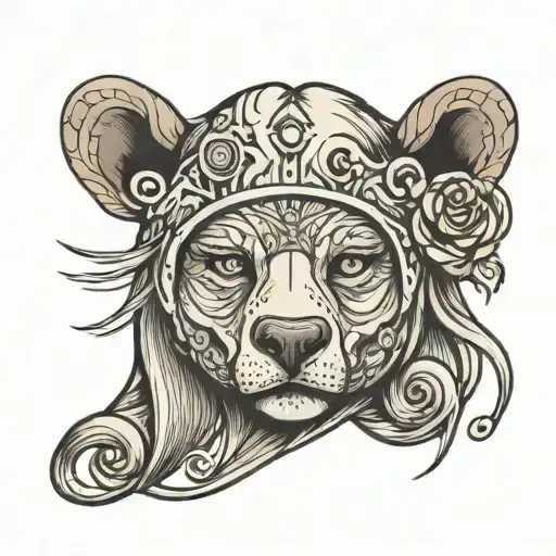 the body of a woman wearing a bears head on her head tattoo design idea