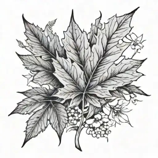 sugar maple leaf with wood pecker feathers and Virginia wildflowers tattoo design idea