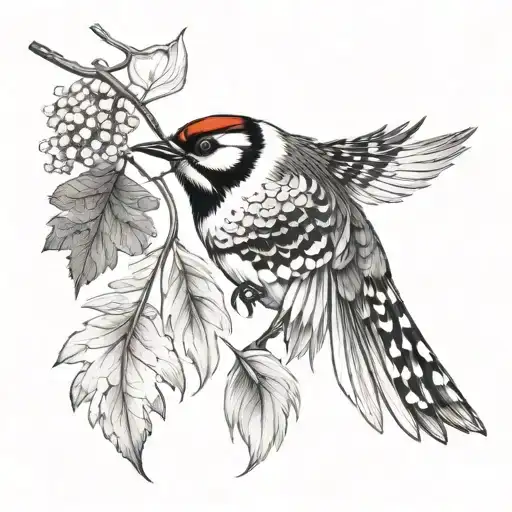 sugar maple leaf at center with spotted woodpecker feathers and Virginia wildflowers tattoo design idea