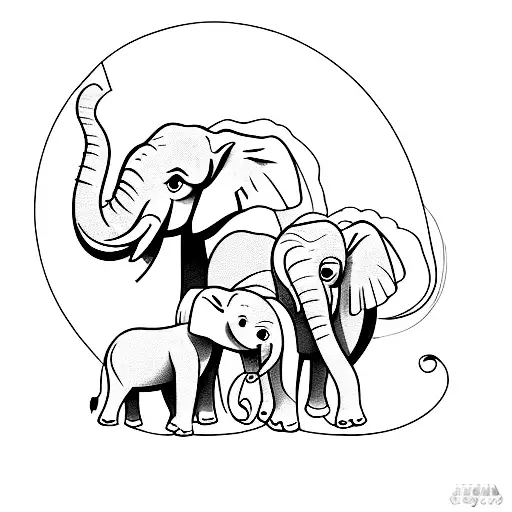 single line drawing of three female elephants tattoo design idea