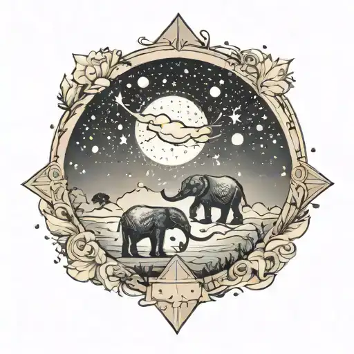 horizon In the background, big dipper constellation, elephant tattoo design idea