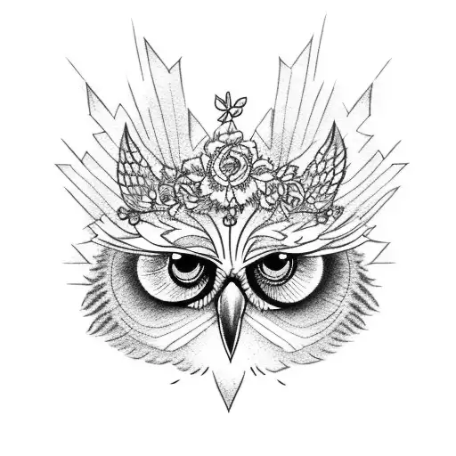 An owl wearing a flower crown, perched on a snowboard tattoo design idea