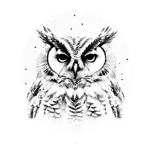 A majestic owl perched on a snowboard, with snowflakes falling around it tattoo design idea