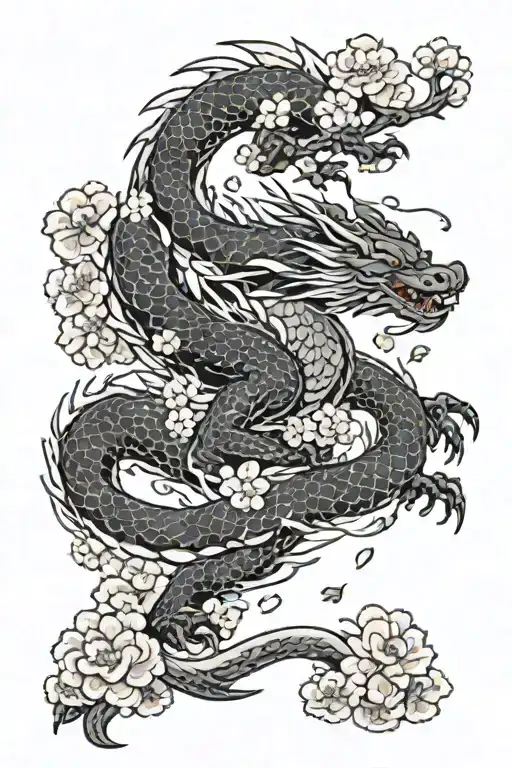 RONIN, dragon and cherry blossom petals falling tattoo design idea
