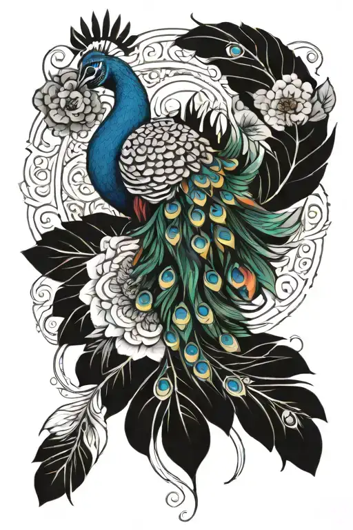 mandala incorpating feathers and peacock tattoo design idea
