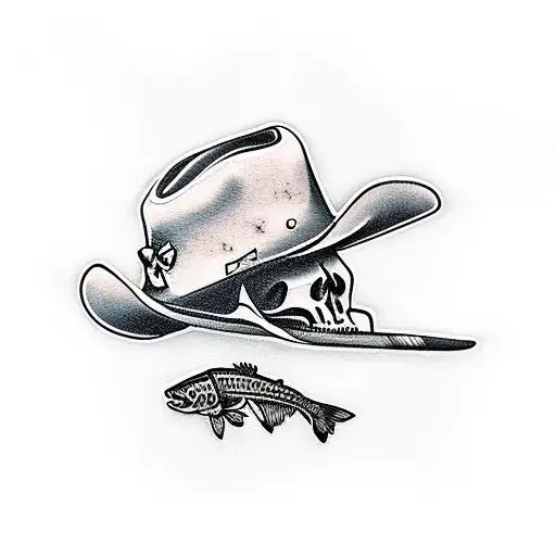 skeleton with cowboy hat fly fishing for Brook trout tattoo design idea