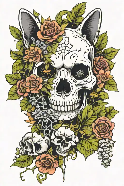 Cat skull surrounded by moss, cat-safe flowers, and some mushrooms  tattoo design idea