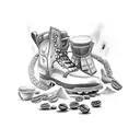 A tattoo machine with coffee beans and hiking boots as the grip tattoo design idea