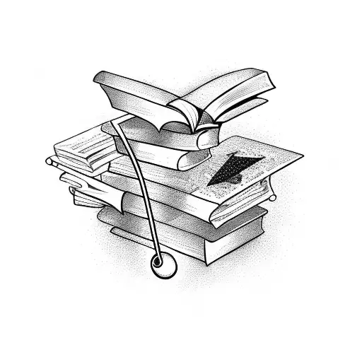 A stack of books with musical notes floating around them tattoo design idea