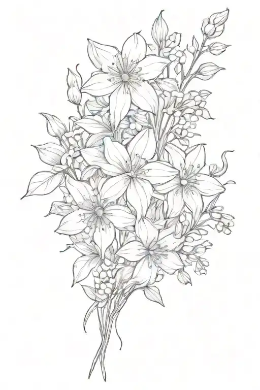 fine line, thin, no color spine tattoo with daffodils, asters, lily of the valleys, and cosmos tattoo design idea