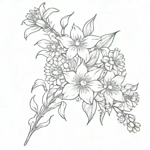 fine line, thin, no color spine tattoo with daffodils, asters, lily of the valleys, and cosmos tattoo design idea