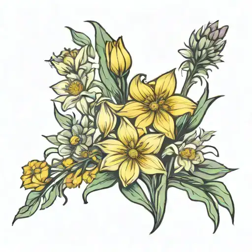 fine line, thin, no color spine tattoo with daffodils, asters, lily of the valleys, and cosmos tattoo design idea