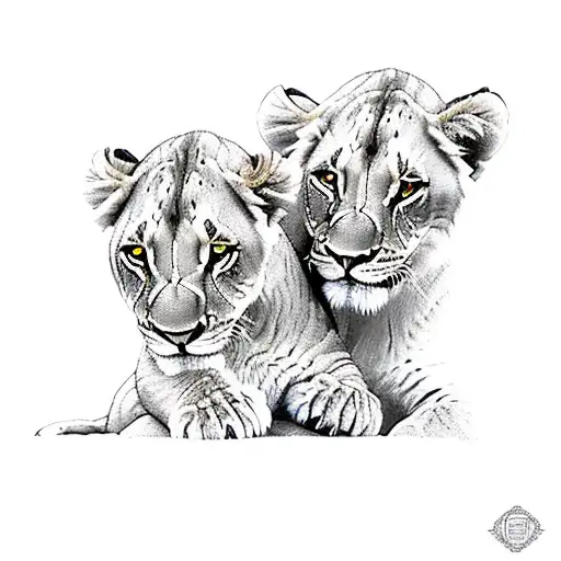 A powerful lioness embracing her cub, representing the eternal bond between a mother and son tattoo design idea