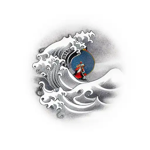 Japanese samurai with wave and clouds in the back ground tattoo design idea