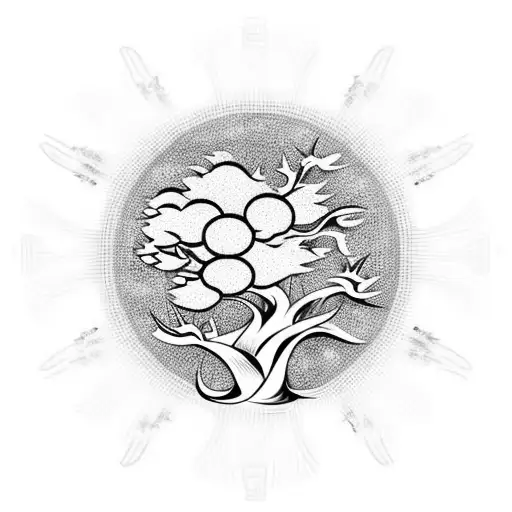 rising sun, samurai, blossom tree, tribal  tattoo design idea