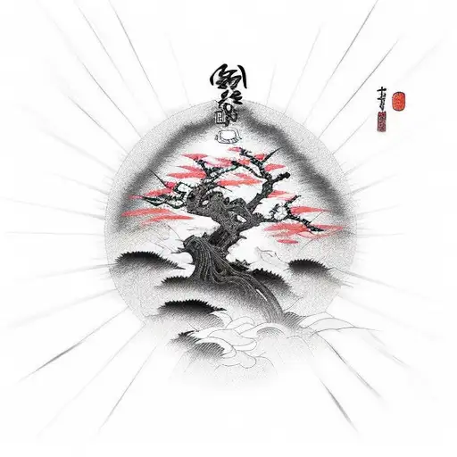 rising sun, samurai, blossom tree, tribal  tattoo design idea