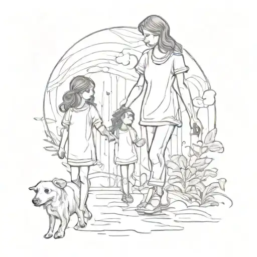 A sketch of a mother holding hands with her two daughters, with a dog playing at their feet tattoo design idea
