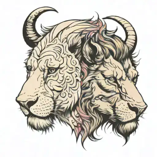 Animal face half lion and half buffalo clearly differentiated in the same face tattoo design idea
