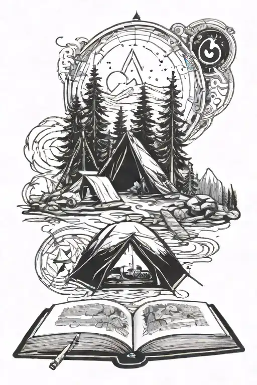 A detailed blackwork tattoo of a camping scene with a book in the foreground and a star of life hidden in the background tattoo design idea