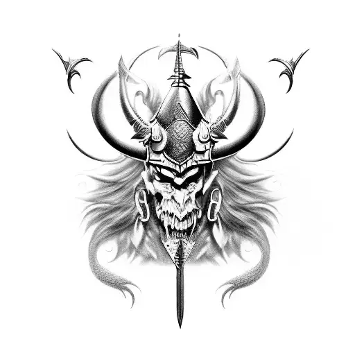 Combine realistic elements with creative touches to create a tattoo of a surrealist warrior battling mythical creatures. tattoo design idea