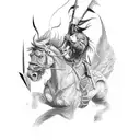 Combine realistic elements with creative touches to create a tattoo of a surrealist warrior battling mythical creatures. tattoo design idea
