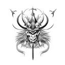 Combine realistic elements with creative touches to create a tattoo of a surrealist warrior battling mythical creatures. tattoo design idea