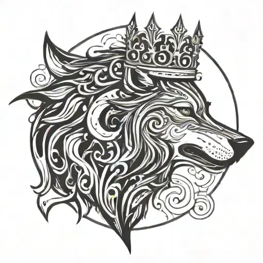 A stylized blackwork design of a wolf howling at the moon with a crown on its head tattoo design idea