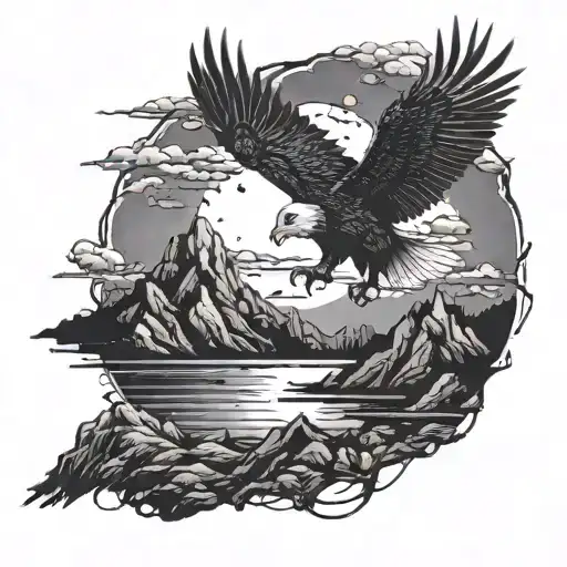 A mystical post-apocalyptic landscape with a majestic eagle soaring through the dark dawn sky tattoo design idea