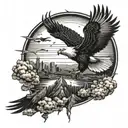 A mystical post-apocalyptic landscape with a majestic eagle soaring through the dark dawn sky tattoo design idea