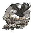 A mystical post-apocalyptic landscape with a majestic eagle soaring through the dark dawn sky tattoo design idea