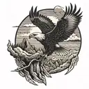 A mystical post-apocalyptic landscape with a majestic eagle soaring through the dark dawn sky tattoo design idea