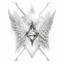 angel wings on the pecs with in the middle of the chest an hourglass with light effects with written in a gothic font in tattoo design idea