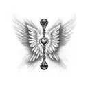 angel wings on the pecs with in the middle of the chest an hourglass with light effects with written in a gothic font in tattoo design idea