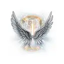 angel wings on the pecs with in the middle of the chest an hourglass with light effects with written in a gothic font in tattoo design idea