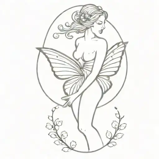 Word "angel" and butterfly flying tattoo design idea